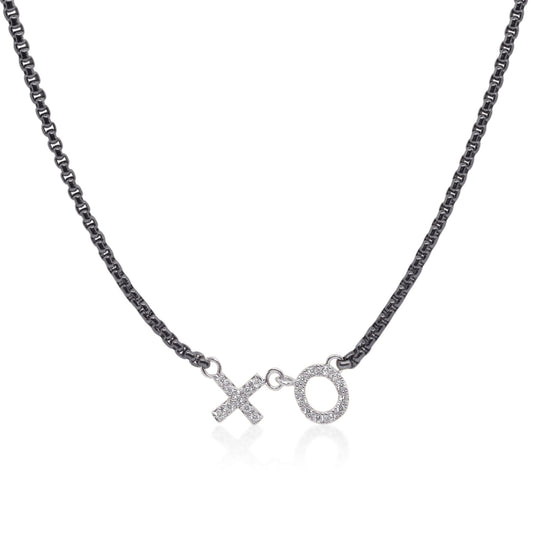 Black stainless steel necklace with diamond XO.