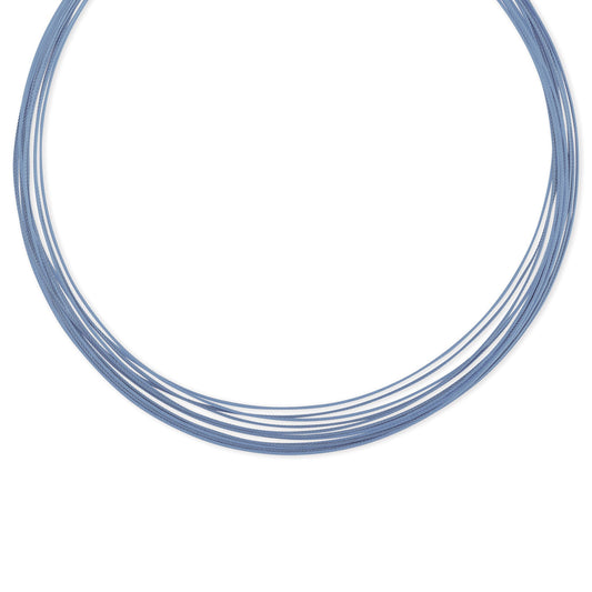 Blue multi-strand stainless steel cable necklace.