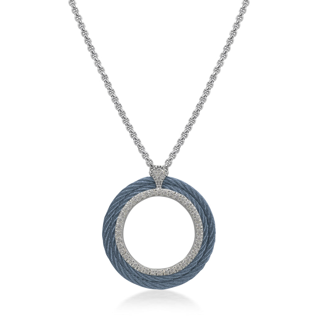 Blue diamond circle pendant necklace.