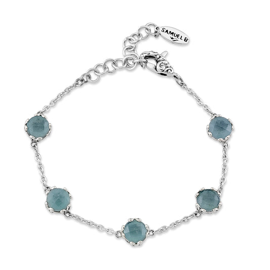 Station Color Gemstone Bracelet in Sterling Silver White with 5 Round Aquamarines