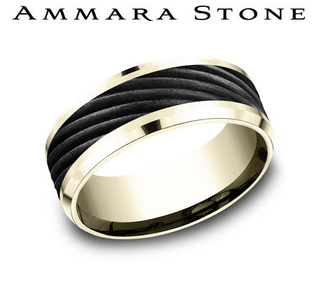 Titanium band with carved design, yellow-grey finish.