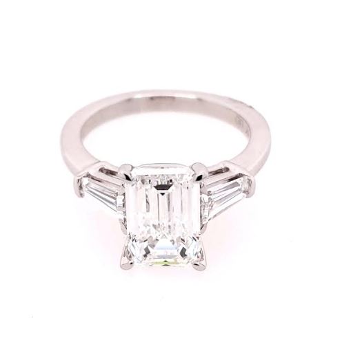 Three Stone Lab-Grown Diamond Complete Engagement Ring in 14 Karat White with 3.21ctw F VVS2 Emerald Lab Grown Diamond
