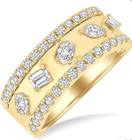 Yellow gold ring with various shaped diamonds.
