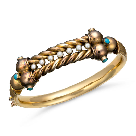 14K gold bangle with turquoise and pearls.
