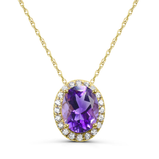 Oval amethyst pendant with zircon halo.