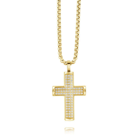 Yellow cross necklace with simulated diamonds.