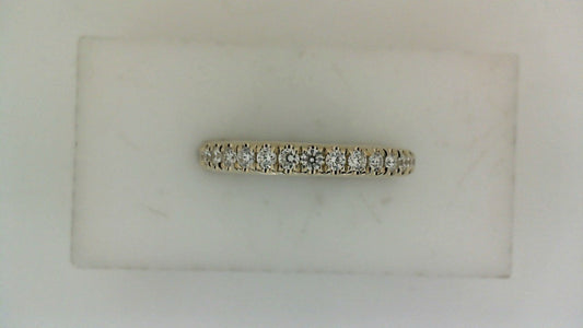 14K yellow gold band with round diamonds.
