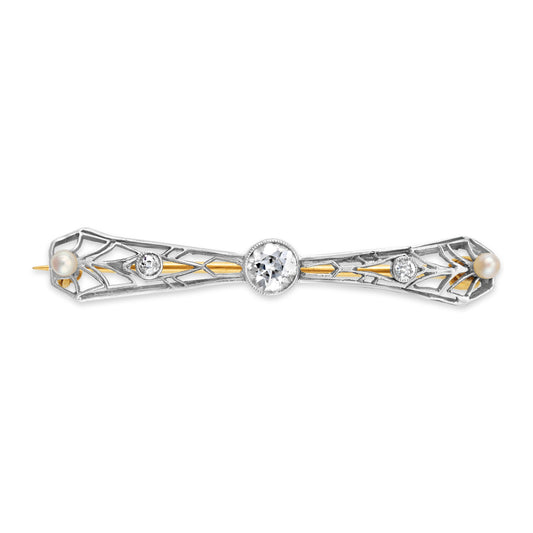 Platinum gold bar pin with diamonds, pearls.