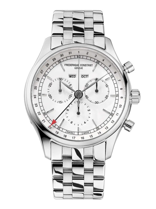 Stainless steel chronograph watch with white dial.