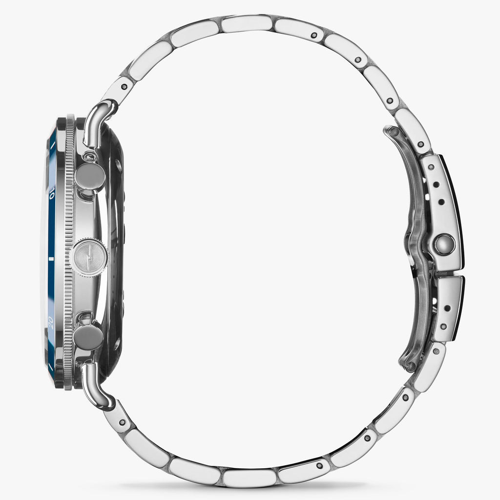 Stainless steel chronograph watch with blue accents.