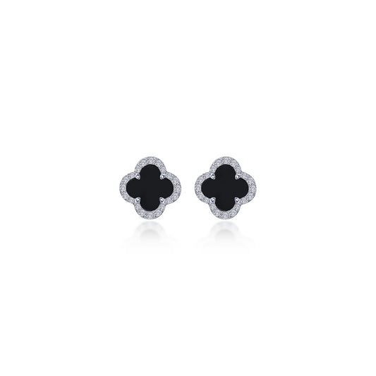 Stud Color Gemstone Earrings in Platinum Bonded Sterling Silver White with 2 Clover Onyxes