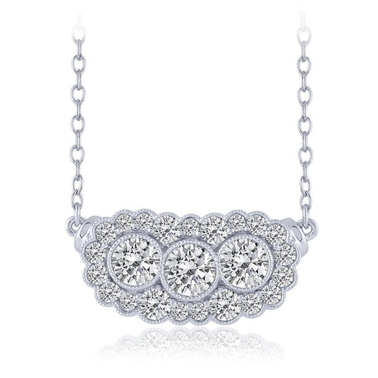 14K white gold necklace with round diamonds.