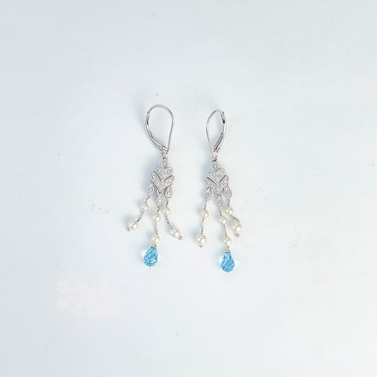 ReMARKable Estate Dangle Color Gemstone Earrings in 14 Karat White Gold with 2 Tear Drop Aquamarines