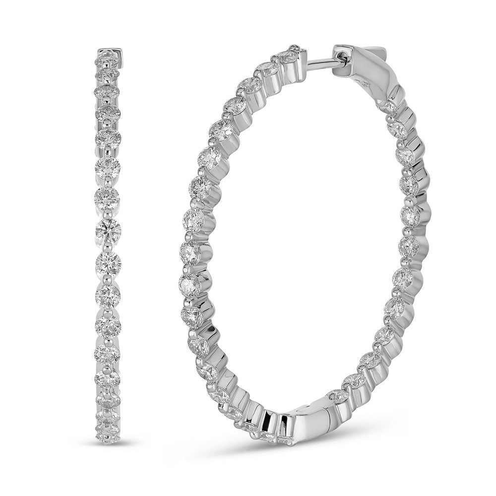 Large Hoop Natural Diamond Earrings in 14 Karat White with 3.17ctw Round Diamonds