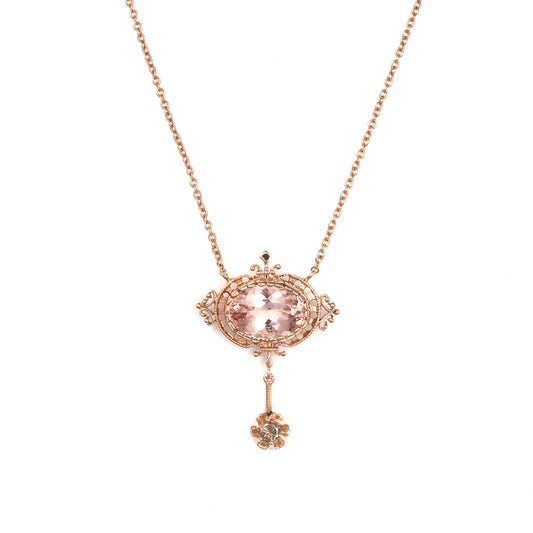 Oval pink morganite rose gold necklace.