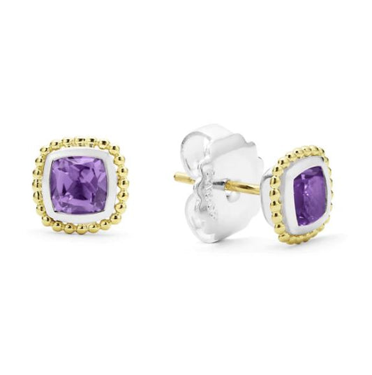 LAGOS Caviar Color Collection Stud Color Gemstone Earrings in Sterling Silver with 2 Cushion Amethysts 5mm