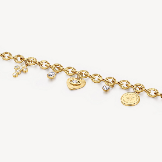 Gold-tone bracelet with charms and simulated diamonds.