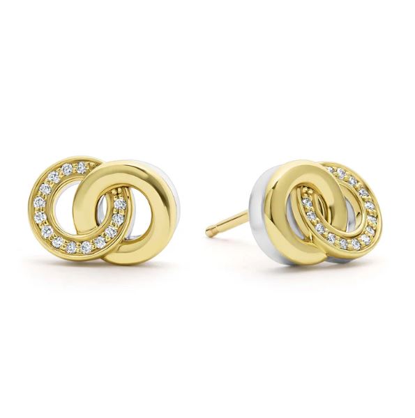 Gold interlocking diamond stud earrings.