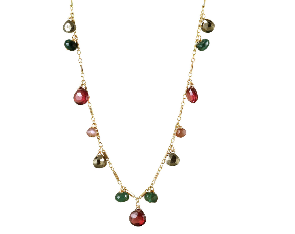 Gold-filled necklace with colorful gemstones.