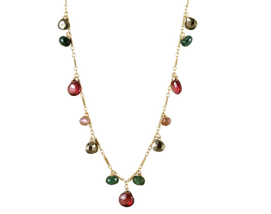 Gold-filled necklace with colorful gemstones.