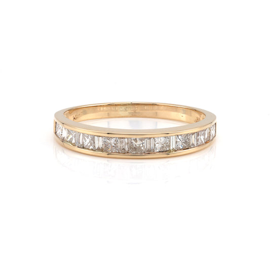 14K yellow gold band with baguette diamonds.
