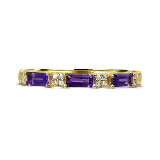 Baguette amethyst band with diamonds, yellow gold.