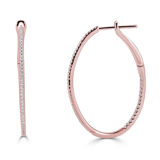 Oval hoop earrings with diamonds, rose gold.