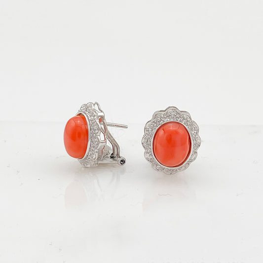ReMARKable Estate Color Gemstone Earrings in 14 Karat White Gold with 2 Cabochon Orange Corals