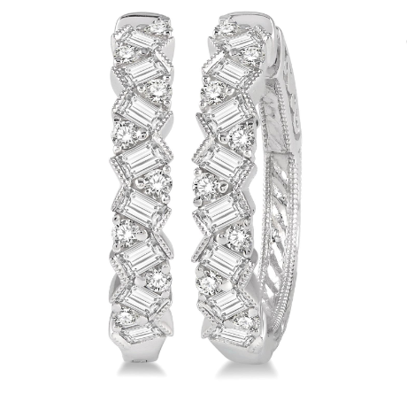 Small Hoop Natural Diamond Earrings in 14 Karat White with 1.00ctw Various Shapes Diamonds