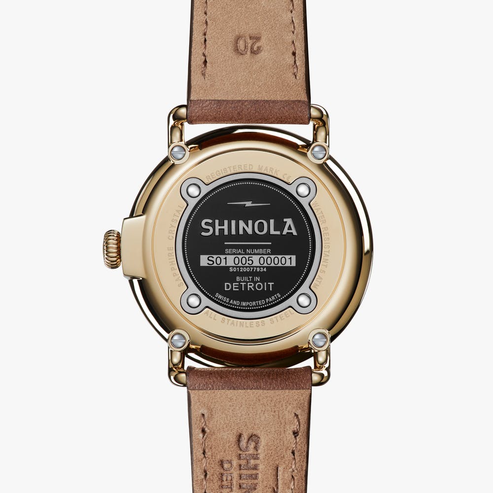 Back of SHINOLA watch with leather strap.