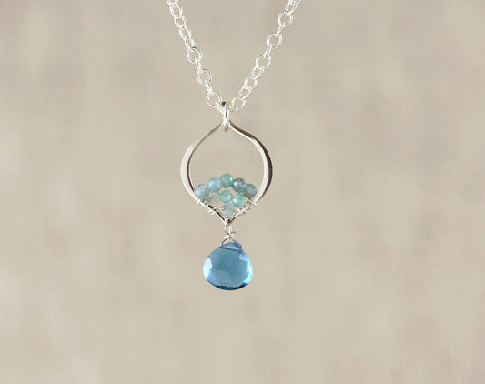 Sterling silver necklace with blue quartz pendant.