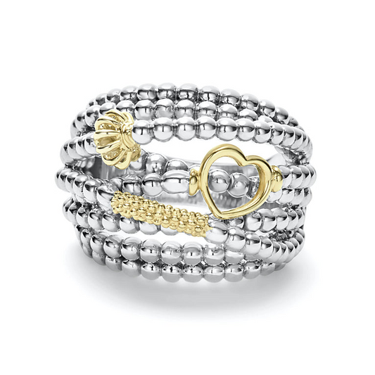 Sterling silver ring with gold heart accents.