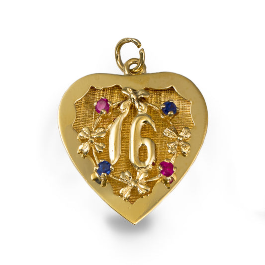 14K Yellow Gold Sweet Sixteen Heart Charm with Rubies and Sapphires