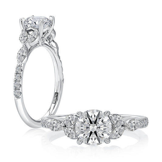 Hidden Accent Side Stone Natural Diamond Semi-Mount Engagement Ring in 14 Karat White with 6 Marquise Diamonds, totaling 0.34ctw