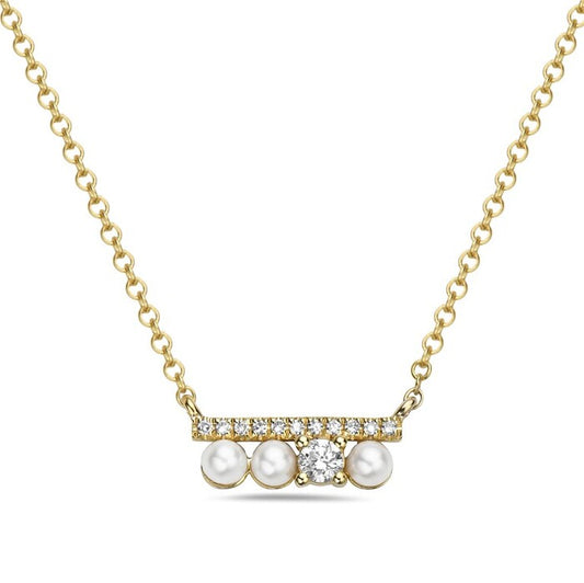 Bar Color Gemstone Necklace in 14 Karat Yellow with 3 Freshwater Pearls