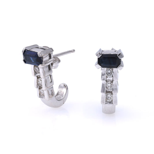 ReMARKable Estate J Hoop Color Gemstone Earrings in 14 Karat White Gold with 2 Emerald Sapphires 5mm