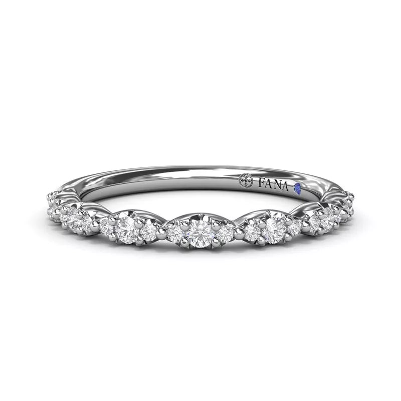 14K white gold band with round diamonds.