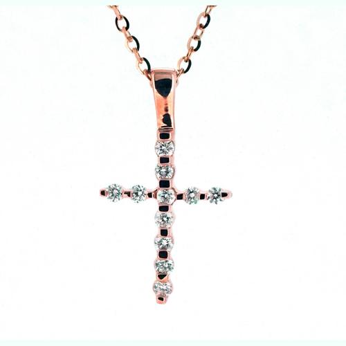 Rose gold cross necklace with round diamonds.
