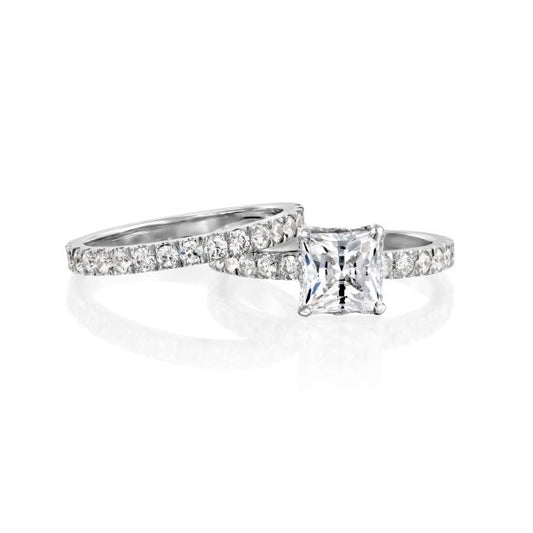 Side Stone Lab-Grown Diamond Complete Wedding Set in 14 Karat White with 1 Princess Lab Grown Diamond, Color: G, Clarity: VS1, totaling 3.3ctw