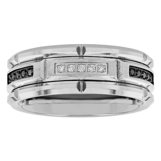 Tungsten carbide ring with round diamonds.