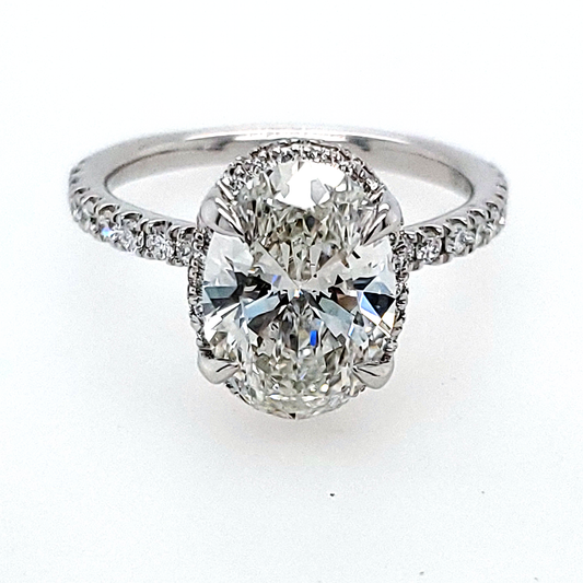 ReMARKable Designs Halo Lab-Grown Diamond Complete Engagement Ring in 14 Karat White Gold with 3.03ct Oval Lab-Grown Diamonds, Clarity: VS2, Color: G
