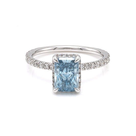 ReMARKable Designs Hidden Accent Side Stone Complete Engagement Ring in 14 Karat White with 1.50ctw of Round Lab-Grown Diamonds, Color: Blue