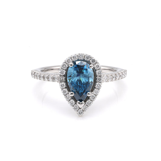 ReMARKable Designs Halo Side Stone Complete Engagement Ring in 14 Karat White with 1.00ctw of Round Lab-Grown Diamond, Color: Blue