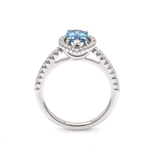 ReMARKable Designs Halo Side Stone Complete Engagement Ring in 14 Karat White with 1.00ctw of Round Lab-Grown Diamond, Color: Blue