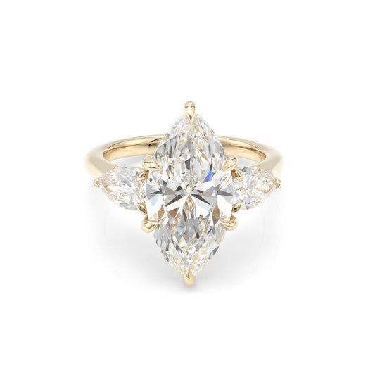 ReMARKable Designs Three Stone Complete Engagement Ring in 14 Karat Yellow Gold with 4.26ctw of Round Lab-Grown Diamonds, Clarity: VS1, Color: F