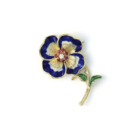 Marks Estate Department 2 Enamel Flower Pin with 1 Round Diamond, Color: G, Clarity: VS2, and 7 Round Rubies totaling 0.31ctw in 18 Karat Yellow Gold