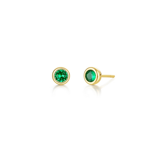 Stud Color Gemstone Earrings in Sterling Silver Yellow with 2 Round Simulated Emeralds 0.34ctw