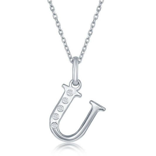 Sterling silver "U" pendant with diamonds.