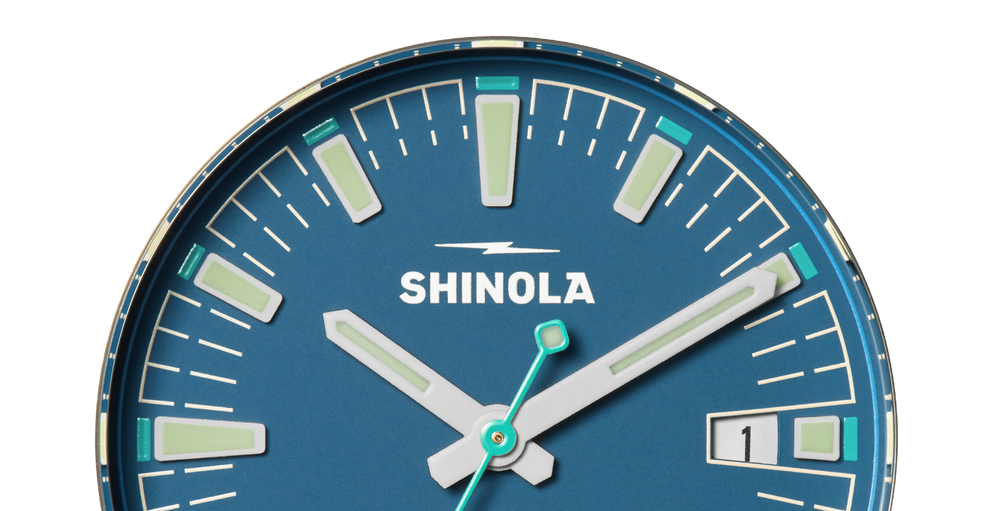 Blue dial Shinola watch with luminous markers.