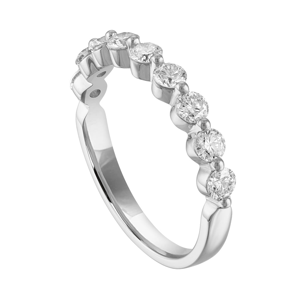 14K white gold band with round diamonds.